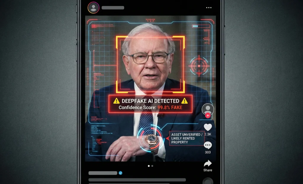 A social media screenshot of a financial figure overlaid with a red "Deepfake AI Detected" warning HUD and unverified asset scanner.