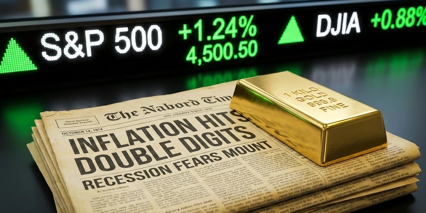 A gold bar on 1970s recession newspapers contrasted with a green S&P 500 stock ticker, representing the best gold inflation hedge debate.