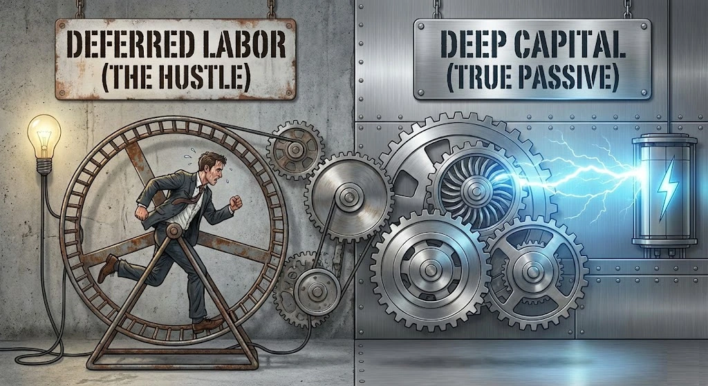 Illustration comparing a person running on a hamster wheel labeled deferred labor against a large automated machine labeled deep capital.