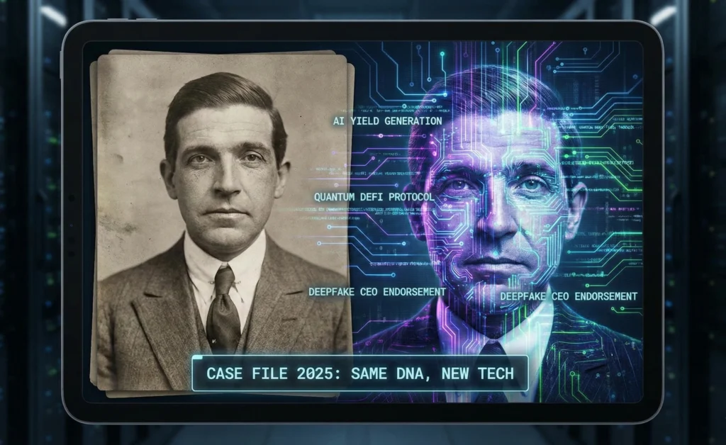 A digital investigative file comparing a 1920s Ponzi mugshot to modern AI and DeFi financial scam patterns.