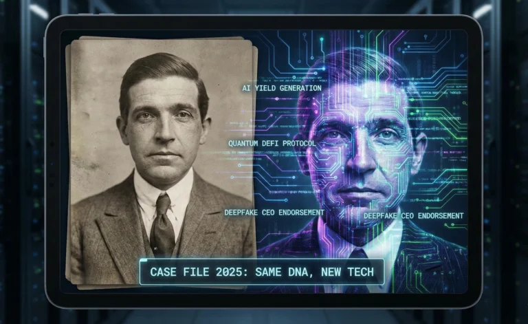 A digital investigative file comparing a 1920s Ponzi mugshot to modern AI and DeFi financial scam patterns.