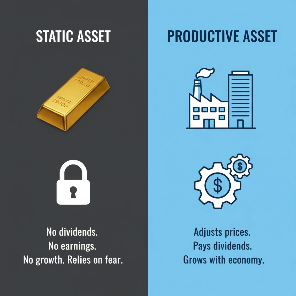 Infographic comparing gold as a static asset (no dividends) versus stocks as productive assets (earnings and growth) during inflation.