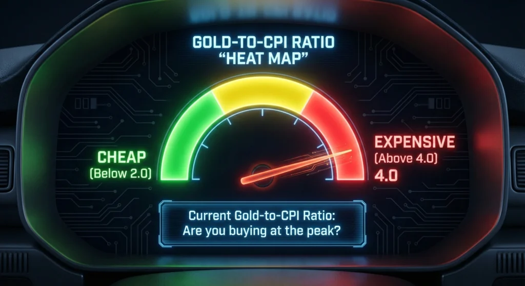 Speedometer gauge showing the gold-to-CPI ratio in the expensive red zone, indicating gold is currently overvalued relative to historical inflation.