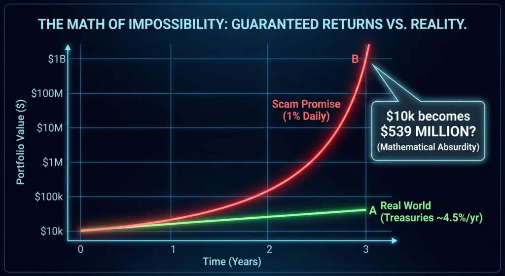 Financial graph showing the mathematical absurdity of 1% daily guaranteed returns compared to real-world 2025 Treasury yields.