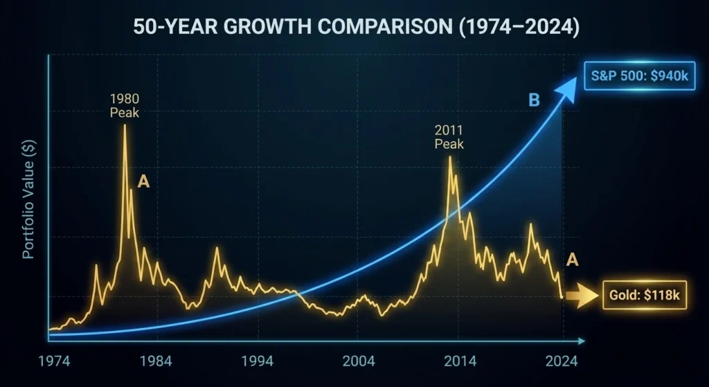 Line chart comparing historical performance of gold vs S&P 500 from 1974 to 2024 showing S&P 500 outperforming gold by 8x.