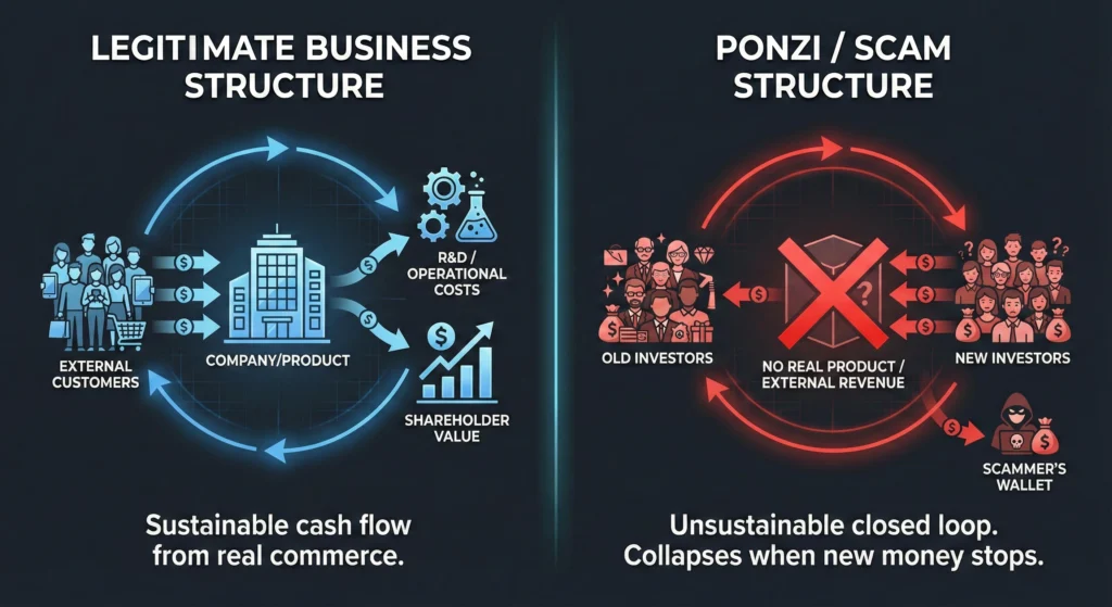 Infographic split-screen comparing a legitimate business