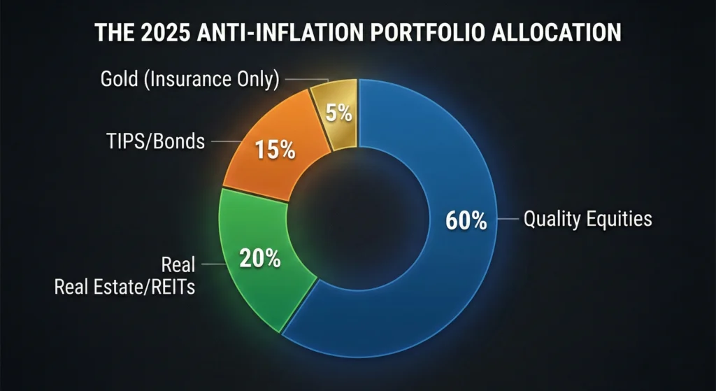 Recommended inflation portfolio strategy for 2025 donut chart: 60% equities, 20% Real Estate, 15% TIPS, and 5% gold.