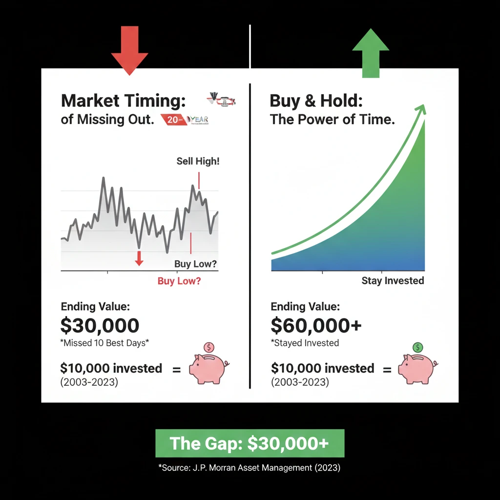 A bar chart illustrating the massive gap in potential returns between a long-term buy and hold strategy and an unsuccessful market timing strategy.