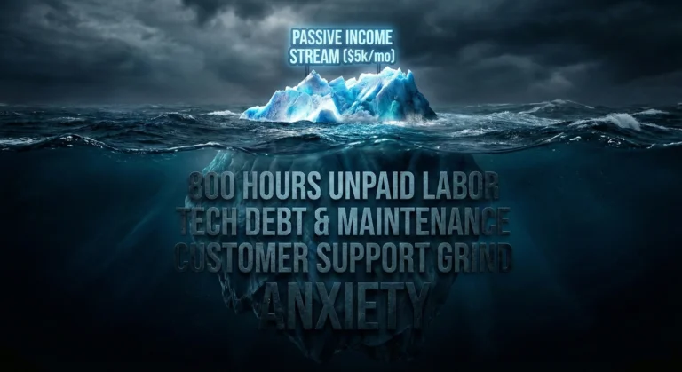A large iceberg showing a small tip labeled passive income above water, and a massive submerged section labeled unpaid labor, tech debt, and maintenance below water.