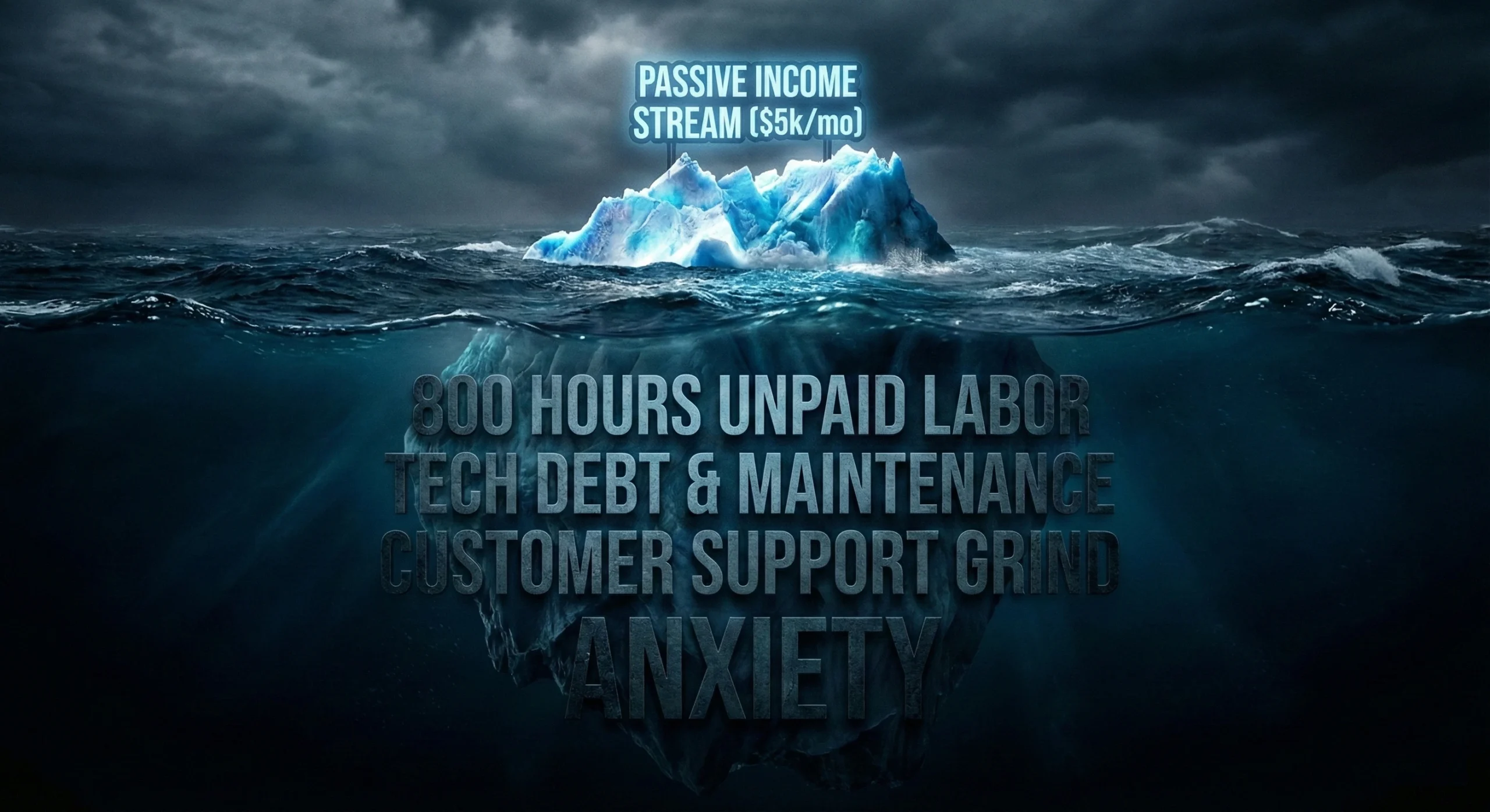 A large iceberg showing a small tip labeled passive income above water, and a massive submerged section labeled unpaid labor, tech debt, and maintenance below water.