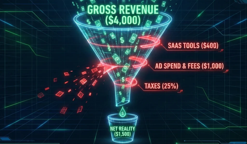 Infographic funnel showing $4000 gross revenue being reduced by SaaS costs, ad spend, and taxes, resulting in only $1500 net profit