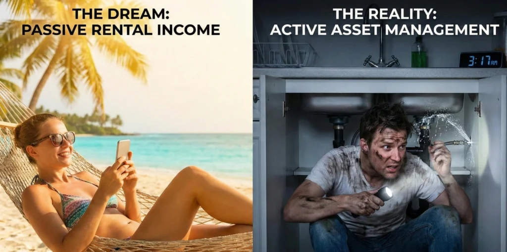 Split screen image showing a relaxed landlord on a beach versus a stressed landlord fixing plumbing at night, illustrating the active nature of real estate.