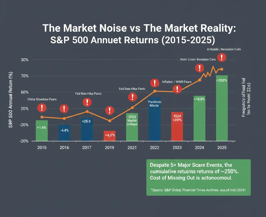 A professional financial infographic comparing the growth of the S&P 500 index against major failed market crash predictions over the last decade.