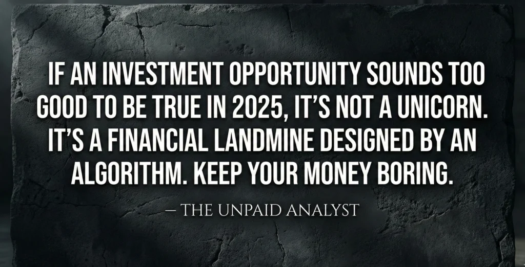 Moody quote card stating that too-good-to-be-true opportunities are financial landmines and to "keep your money boring."