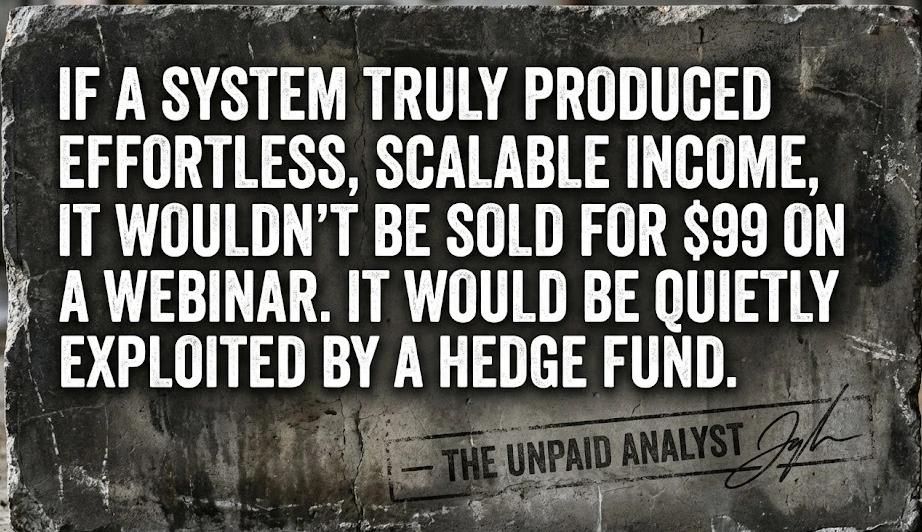 Quote card from The Unpaid Analyst stating that true effortless income systems wouldn't be sold on webinars for cheap.