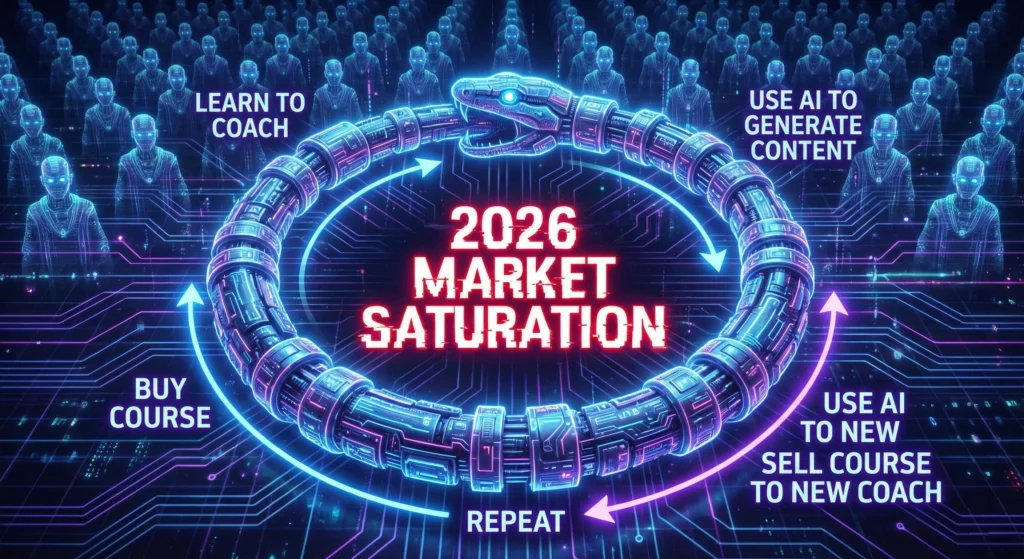 Infographic illustrating the circular 2026 market cycle where coaches use AI to create courses to sell to other coaches, leading to saturation.