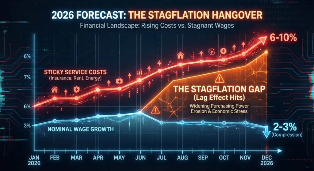 A 2026 forecast timeline showing nominal wage growth flattening to 2-3% while sticky service inflation rises to 6-10%, creating a stagflation gap.