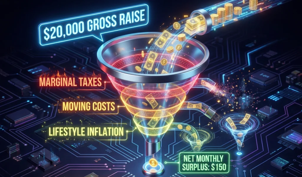 An infographic illustrating how taxes, moving costs, and lifestyle inflation erode a $20,000 gross salary increase.