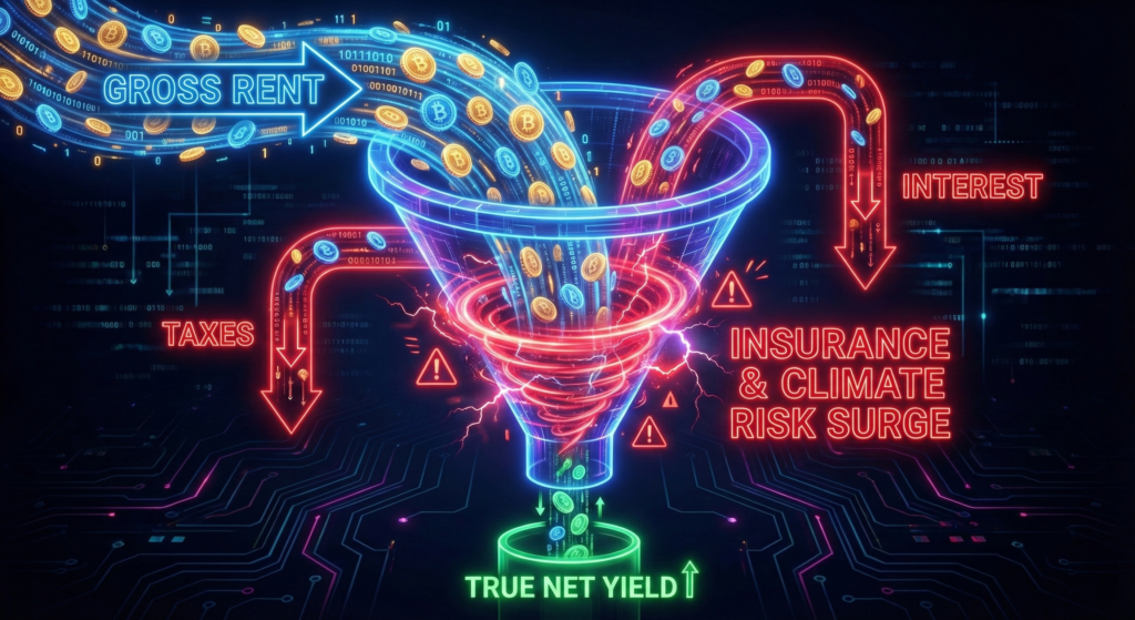 Diagram illustrating how rising insurance premiums and climate risk drastically reduce net rental income.