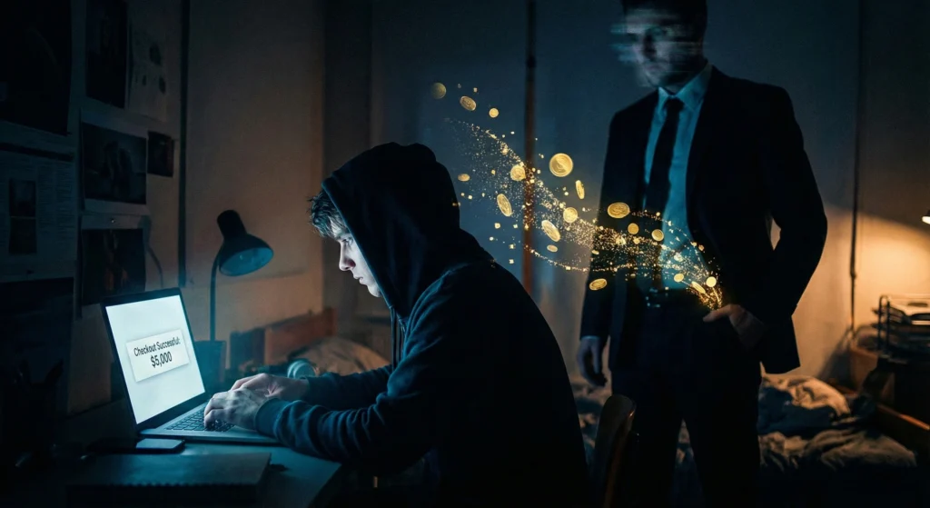 Cinematic illustration showing a financial coaching student being siphoned of money by a shadowy guru figure, representing them as liquidity.