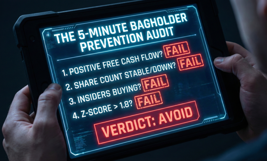 A digital checklist for auditing stocks, showing "FAIL" stamps for negative cash flow, dilution, insider selling, and low Z-score.