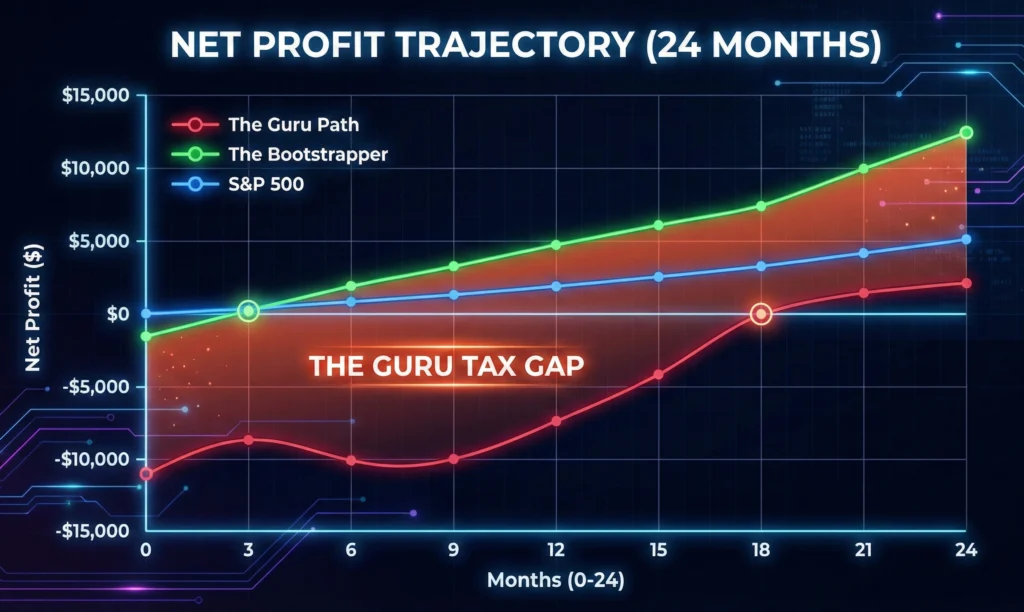 Line graph comparing the 18-month break-even time of a $5,000 guru course versus the 3-month break-even of bootstrapping.