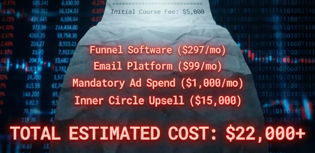 A detailed digital receipt showing the hidden monthly software costs, ad spend, and upsells associated with a $5,000 financial coaching course.