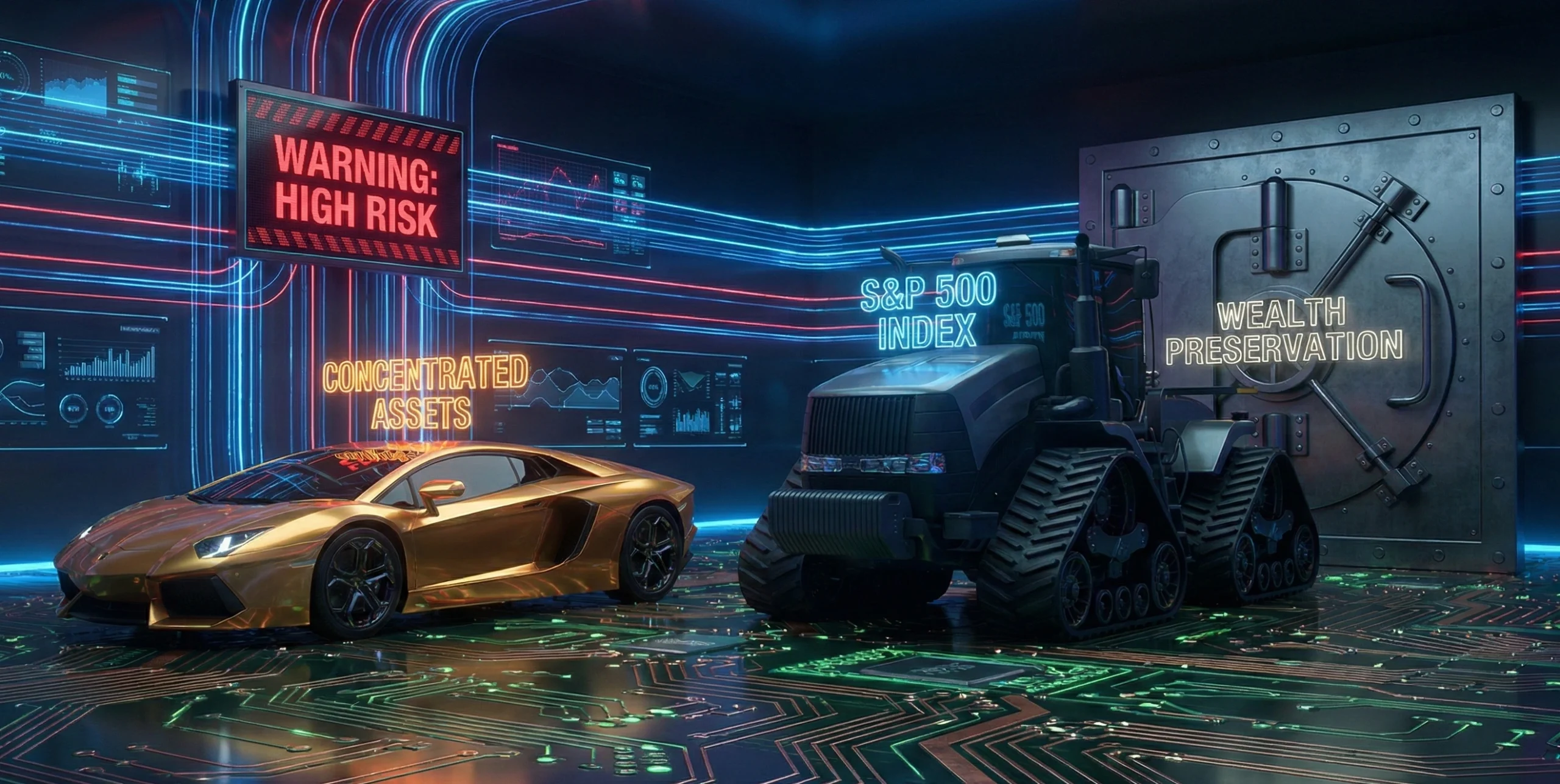 A conceptual 3D render of a tractor representing the S&P 500's defensive nature versus a Lamborghini representing high-growth concentrated assets.