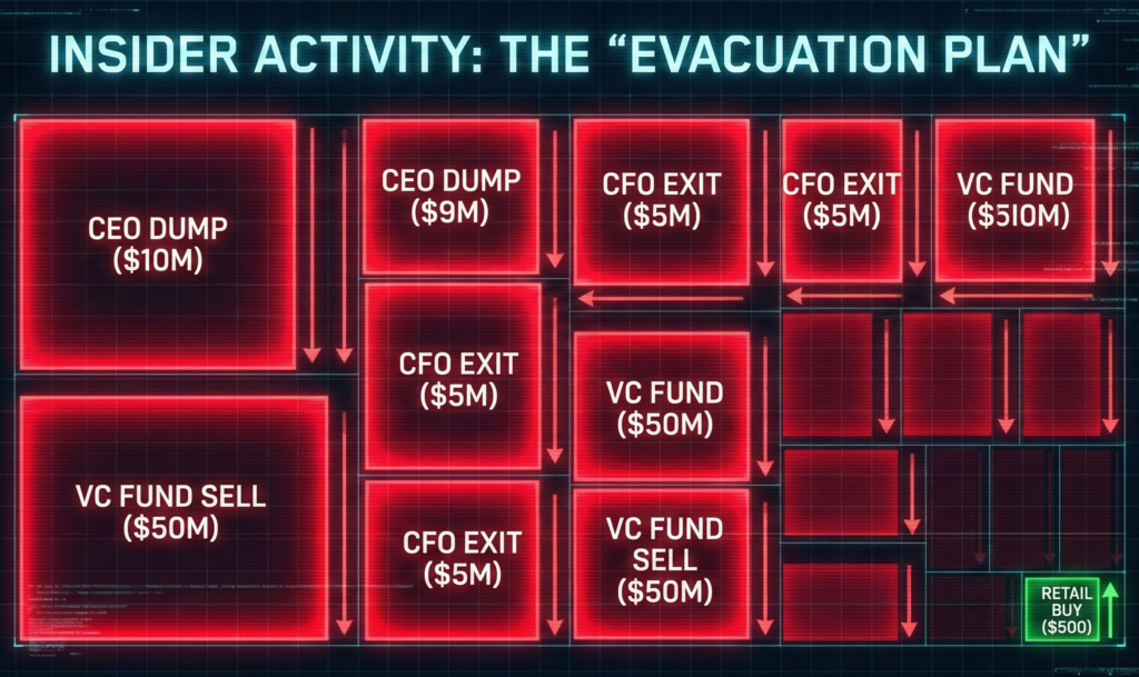 Stock market heatmap showing intense red blocks indicating massive insider selling by CEOs and executives, with minimal retail buying.