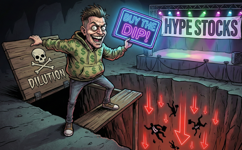 Illustration of a financial influencer hyping stocks while standing on a dilution trapdoor over falling retail investors.