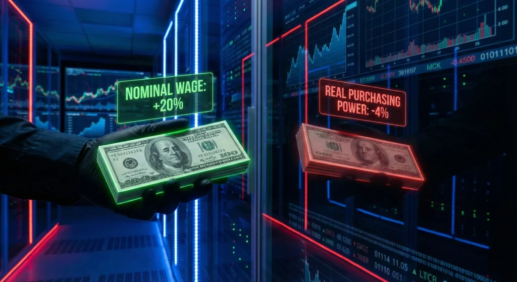 A conceptual image showing the difference between a 20% nominal salary raise and a 4% loss in real purchasing power.