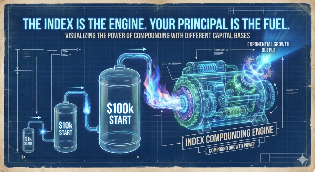 Infographic illustrating how index fund compounding depends entirely on starting principal size for wealth generation.