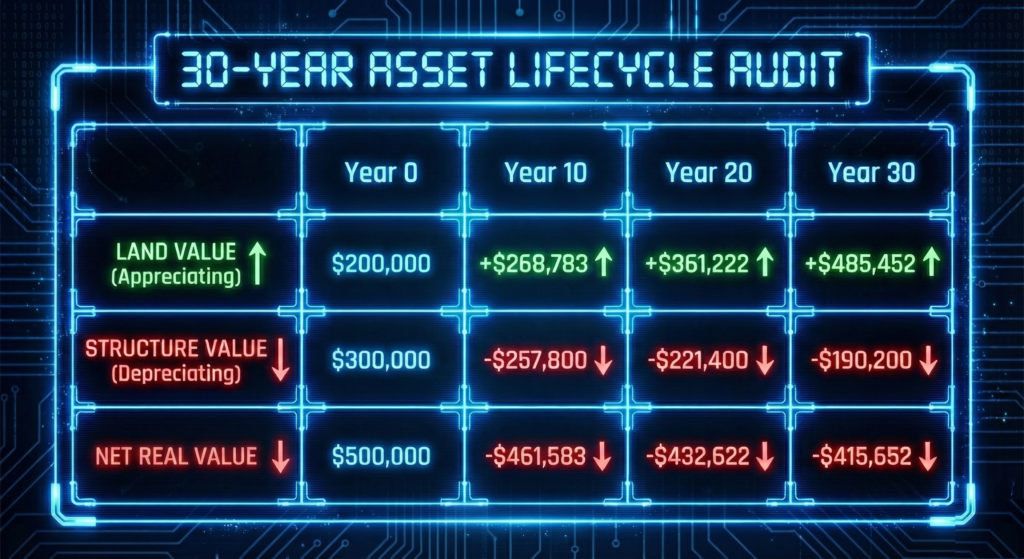 Data table showing how structure depreciation erodes net worth over a 30-year holding period despite land appreciation.