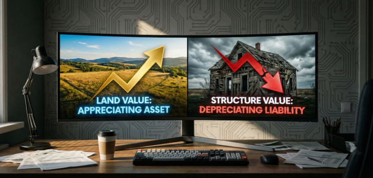 Illustration showing land as an appreciating asset and a house structure as a decaying liability