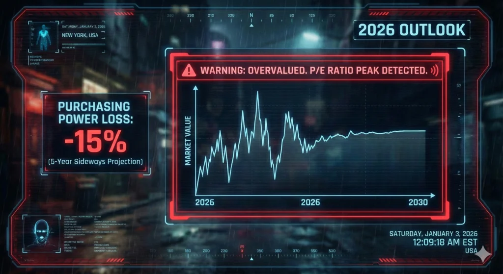 A high-tech surveillance-style HUD scanning the S&P 500 for overvaluation and predicting sideways market returns for 2026.