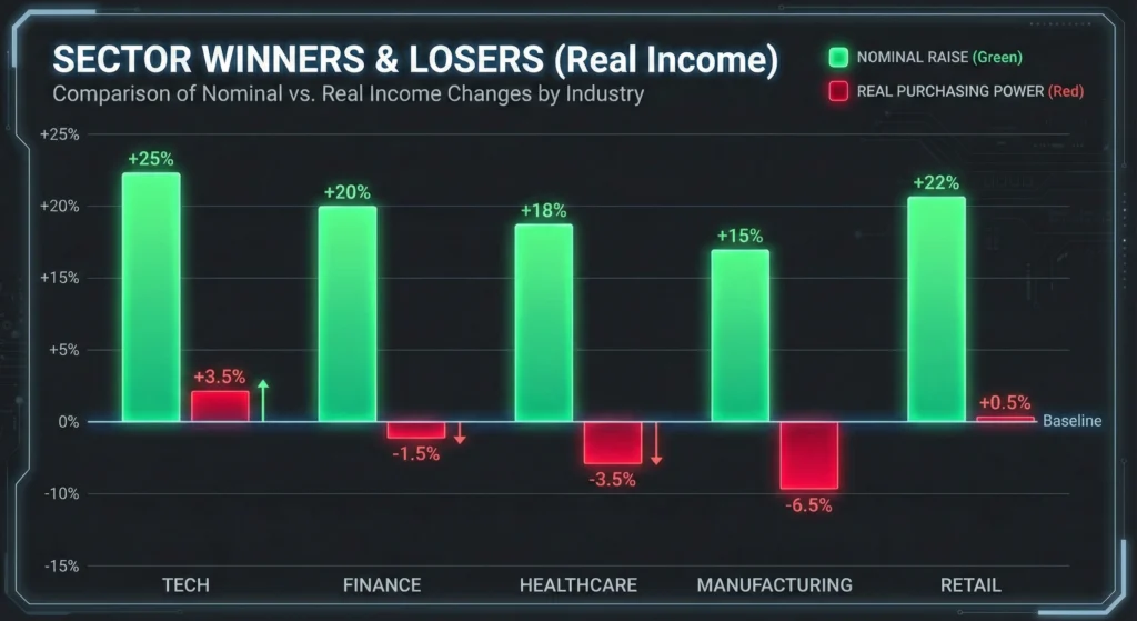 A bar chart comparing nominal wage growth in Tech, Finance, and Manufacturing against the ShadowStats inflation proxy.