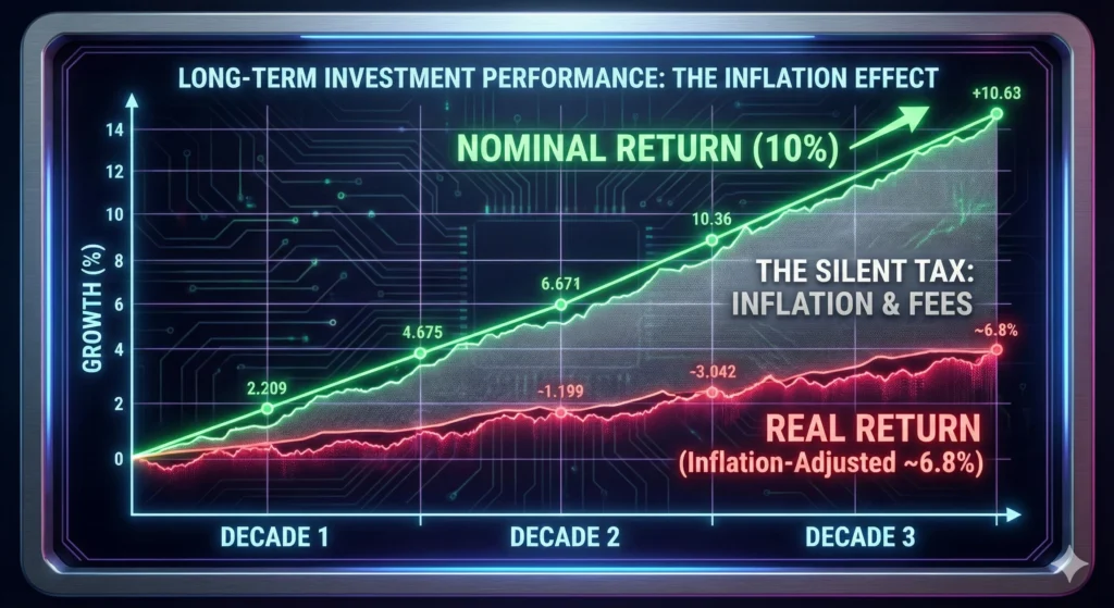 A financial chart comparing the nominal 10% S&P 500 returns against the 6.8% inflation-adjusted real returns over a decade.