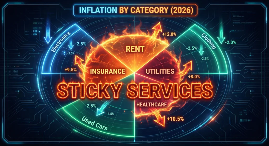 A heatmap showing high inflation in non-discretionary services like insurance and utilities versus cooling prices in consumer goods.