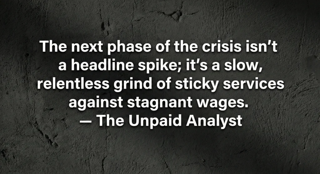 A quote card by The Unpaid Analyst regarding the 2026 stagflation hangover and the slow grind of service inflation.