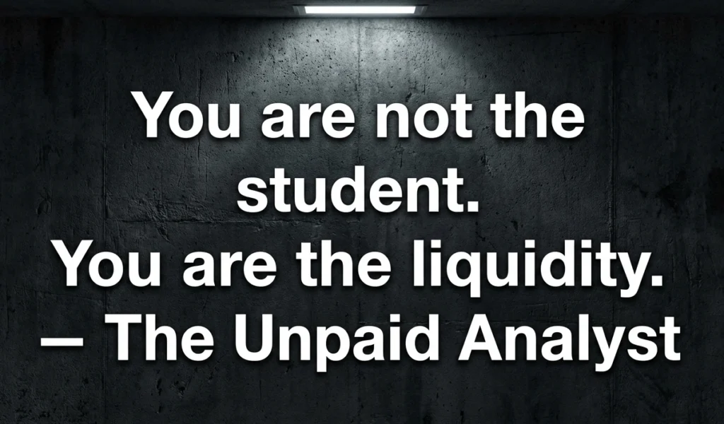 A quote card by The Unpaid Analyst stating: "You are not the student. You are the liquidity." regarding high-ticket financial coaching.