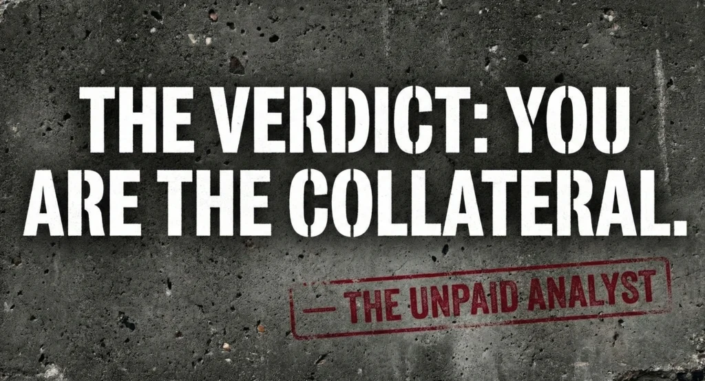 A quote card with bold text reading "The Verdict: You Are The Collateral" signed by The Unpaid Analyst.