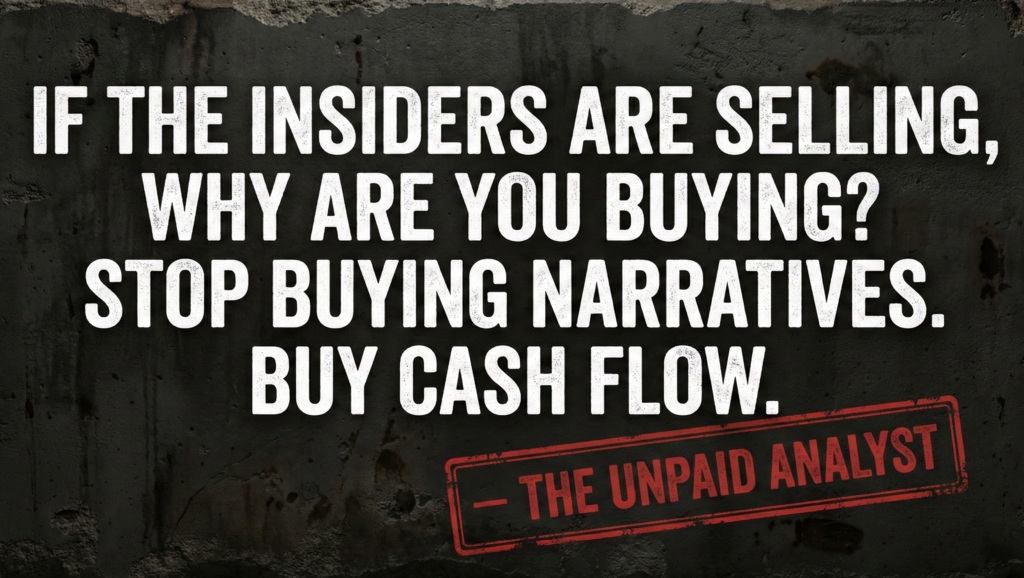 A quote card from The Unpaid Analyst reading: If the insiders are selling, why are you buying? Stop buying narratives. Buy cash flow.