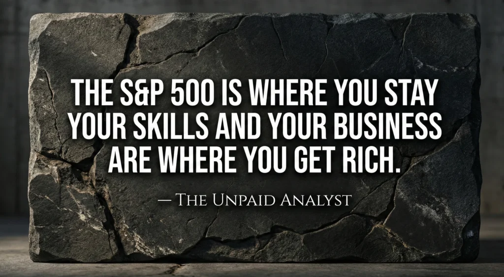 A quote card by The Unpaid Analyst explaining the difference between wealth preservation in index funds and wealth creation through skills.
