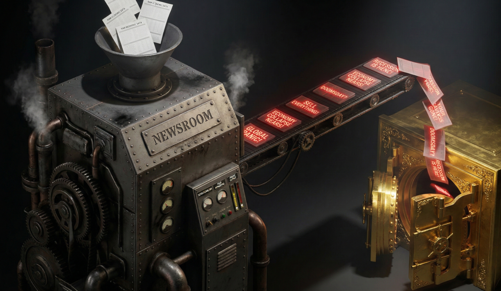 3D illustration of a dark industrial machine turning plain economic data sheets into glowing red headlines that drop into a gold vault.