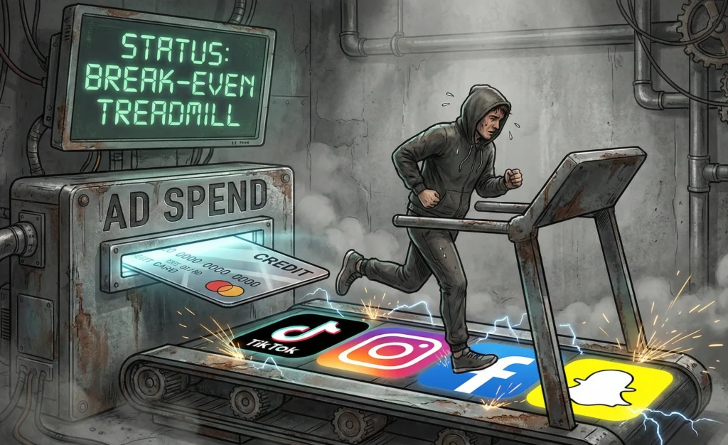 Illustration of a person running on a treadmill powered by ad spend, representing the constant need for new ad creatives.