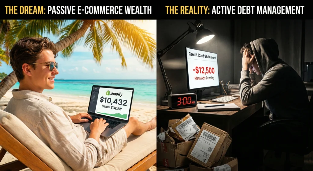 Split-screen image showing a dropshipper on a beach with high sales versus a stressed dropshipper at a desk with high ad debt and returns.