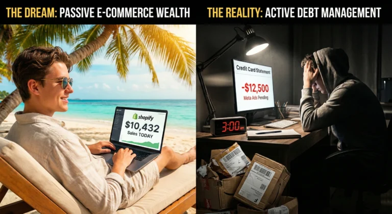 Split-screen image showing a dropshipper on a beach with high sales versus a stressed dropshipper at a desk with high ad debt and returns.