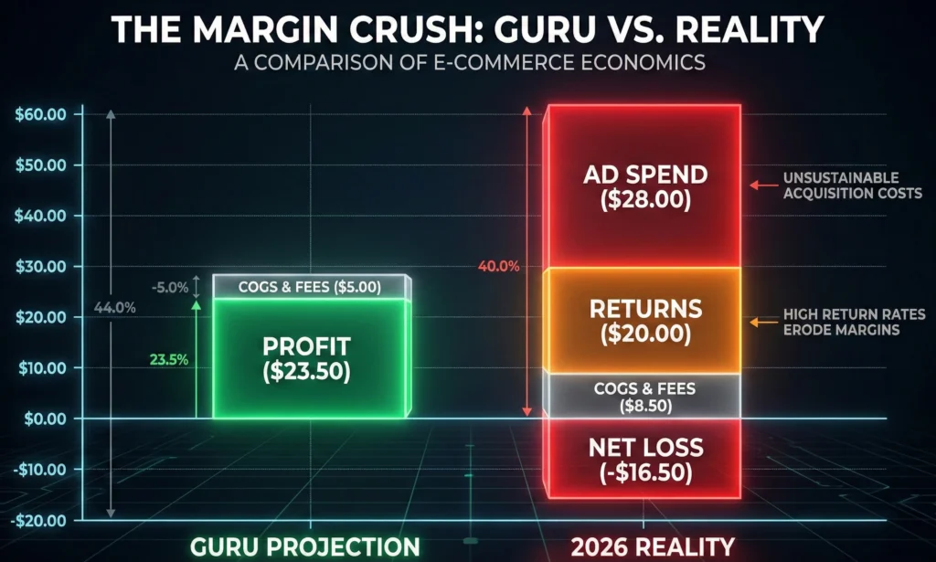 Stacked bar chart showing how ad spend and returns crush the profit margin of a dropshipping product in 2026.