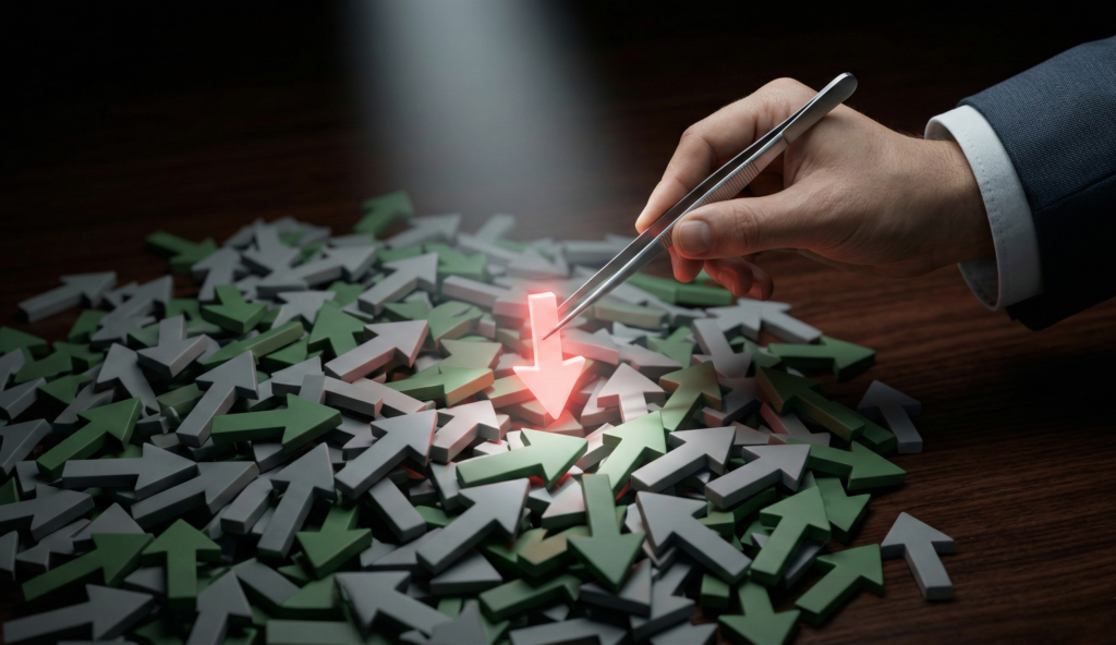 Corporate businessman using silver tweezers to pluck a single red downward arrow from a massive pile of green upward arrows.