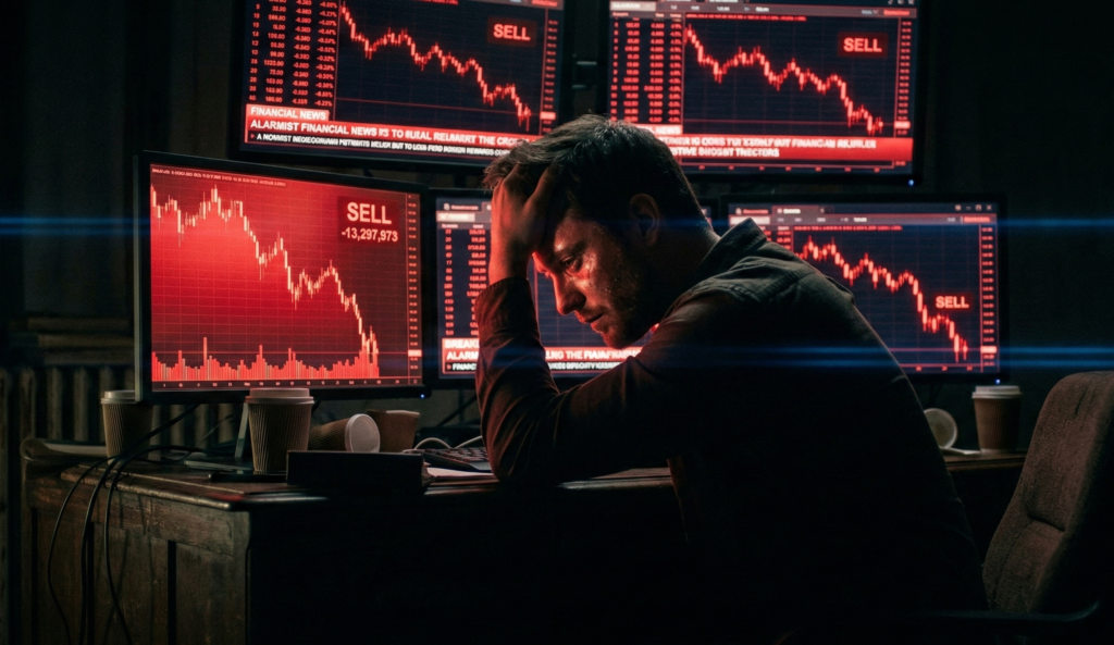 A stressed investor sitting in the dark, head in hands, illuminated solely by the red glow of screens showing market crashes and alarming headlines.